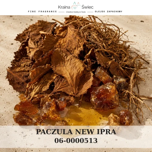 PACZULA IPRA — olejek zapachowy do świec sojowych, parafinowych, wosków i tart zapachowych. Kraina Świec: dokumentacja CLP, IFRA, SDS. Surowce DIY dla profesjonalistów.