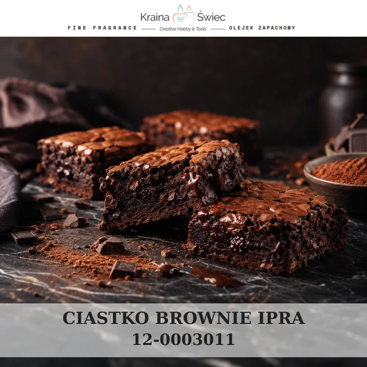 CIASTKO BROWNIE IPRA — olejek zapachowy do świec sojowych, parafinowych, wosków i tart zapachowych. Kraina Świec: dokumentacja CLP, IFRA, SDS. Surowce DIY dla profesjonalistów.