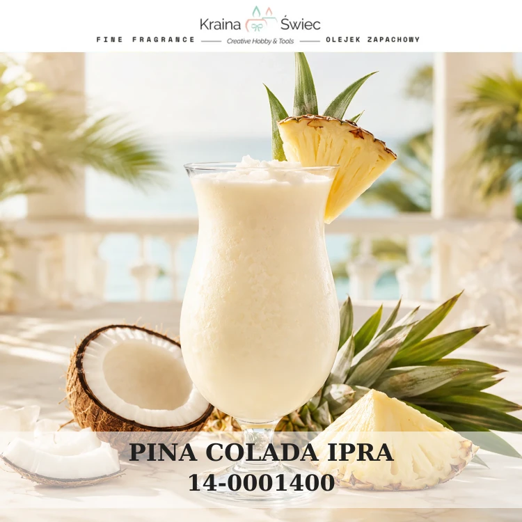 PINA COLADA STRONG IPRA — olejek zapachowy do świec sojowych, parafinowych, wosków i tart zapachowych. Kraina Świec: dokumentacja CLP, IFRA, SDS. Surowce DIY dla profesjonalistów.
