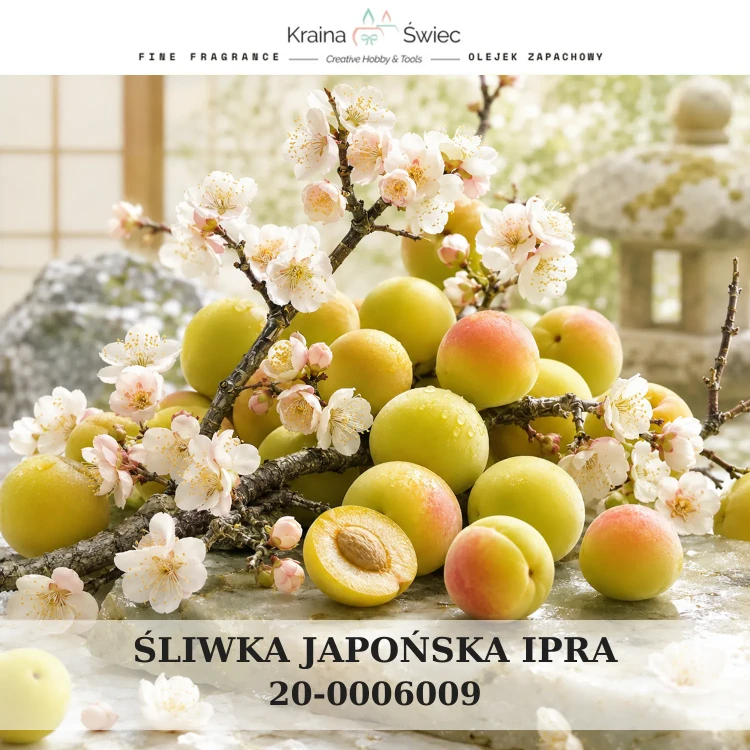 ŚLIWKA JAPOŃSKA IPRA — olejek zapachowy do świec sojowych, parafinowych, wosków i tart zapachowych. Kraina Świec: dokumentacja CLP, IFRA, SDS. Surowce DIY dla profesjonalistów.