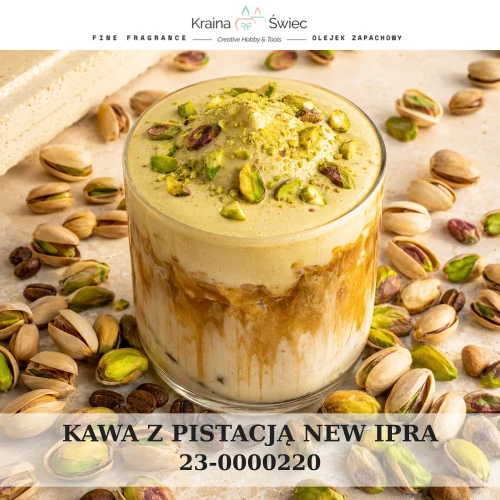 KAWA Z PISTACJĄ IPRA — olejek zapachowy do świec sojowych, parafinowych, wosków i tart zapachowych. Kraina Świec: dokumentacja CLP, IFRA, SDS. Surowce DIY dla profesjonalistów.