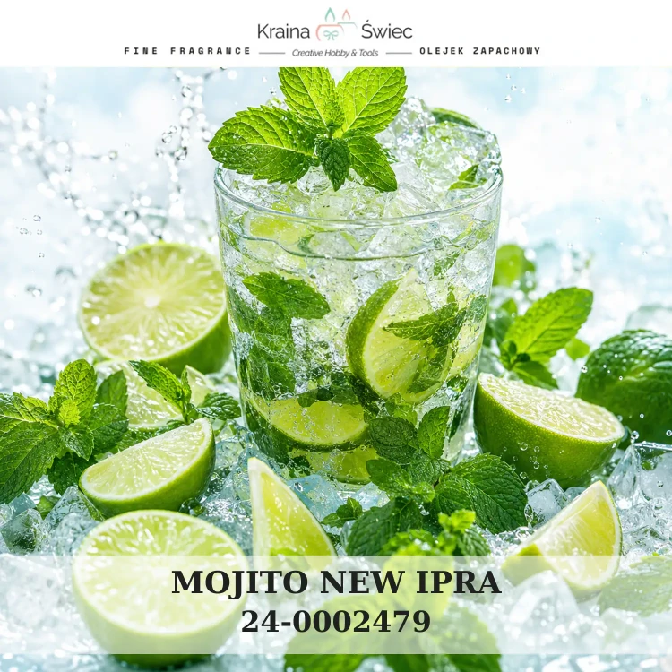 MOJITO IPRA — olejek zapachowy do świec sojowych, parafinowych, wosków i tart zapachowych. Kraina Świec: dokumentacja CLP, IFRA, SDS. Surowce DIY dla profesjonalistów.