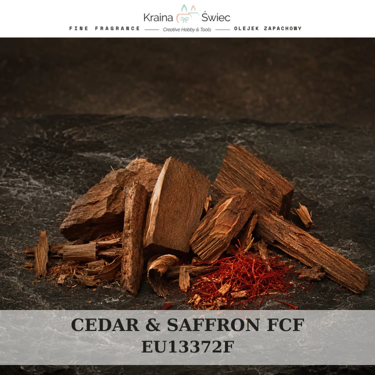 CEDAR & SAFFRON FCF — olejek zapachowy do świec, dyfuzorów, mydeł i kosmetyków. Kraina Świec: dokumentacja CLP, IFRA, SDS. Surowce DIY dla profesjonalistów.